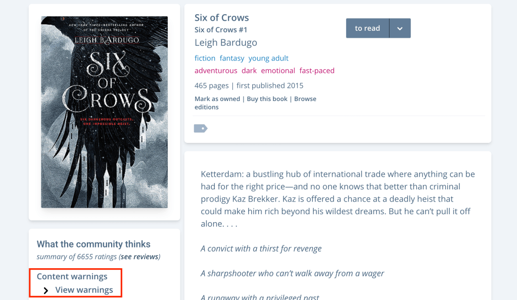 Six of Crows book profile on The StoryGraph, content warning highlighted